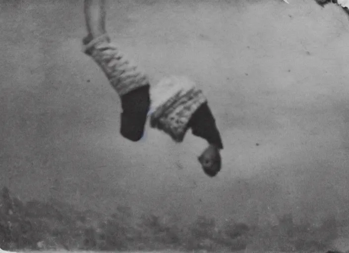 Prompt: an old worn photograph of a child in the distance floating upside - down