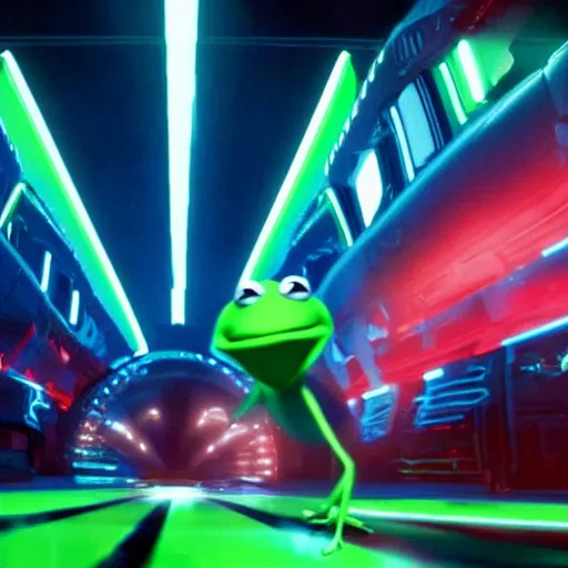 Image similar to a still from Tron:Legacy with kermit the frog in a disc battle