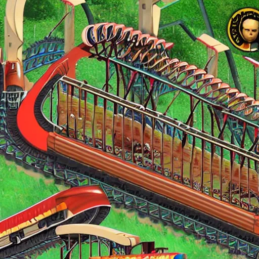 Image similar to alfred e. neumann rides in roller coaster tycoon