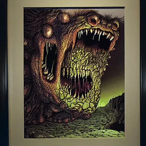 Image similar to a monster reaching through a framed painting, by richard corben. pulp horror