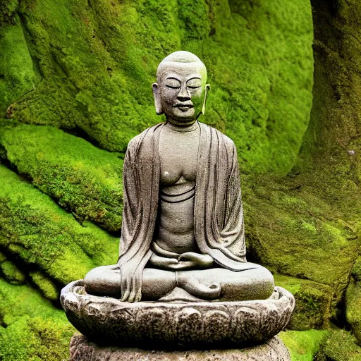 Image similar to a moss covered stone statue of a meditating buddhist monk, moist, lush, raining, by john atkinson grimshaw, trending on artstation