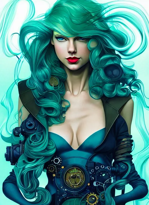 Image similar to style artgerm, joshua middleton, taylor swift with green dress, very long blue hair, swirling water swirling, symmetrical face, symmetrical eyes, steampunk cyberpunk,, cinematic lighting