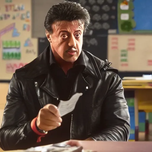 Image similar to silvester stallone in kindergartden cop, 4 k hd film still