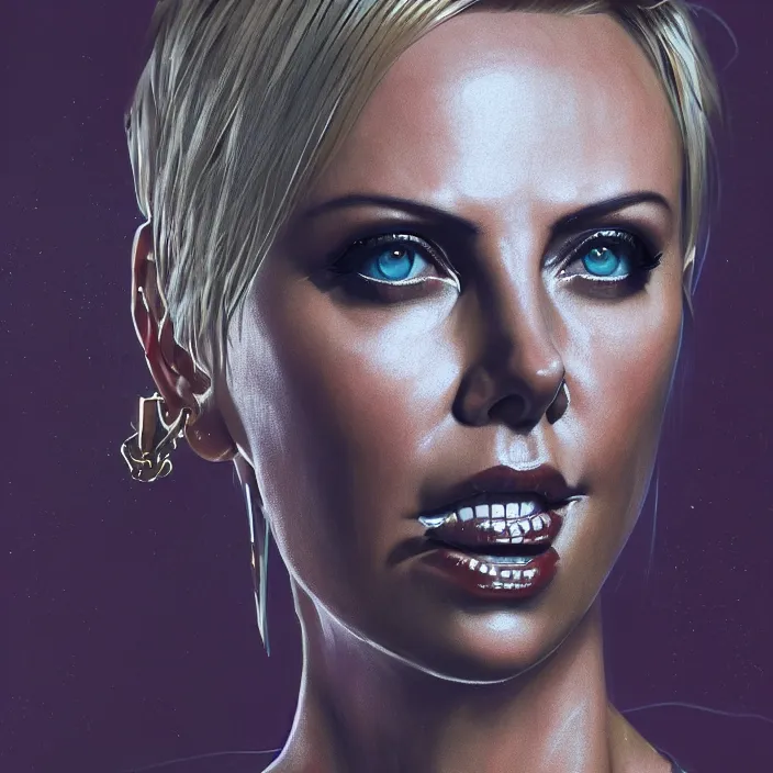 Prompt: portrait of charlize theron as a punk rock girl. intricate abstract. intricate artwork. by tooth wu, wlop, beeple, dan mumford. octane render, trending on artstation, greg rutkowski very coherent symmetrical artwork. cinematic, hyper realism, high detail, octane render, 8 k, iridescent accents