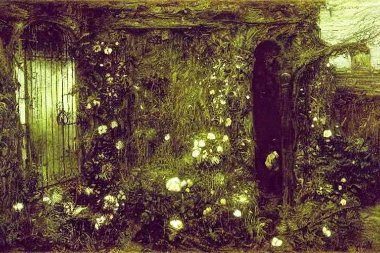 Image similar to secret garden, lush, floral, botanical, romanticism, dark, moody, john everett millais