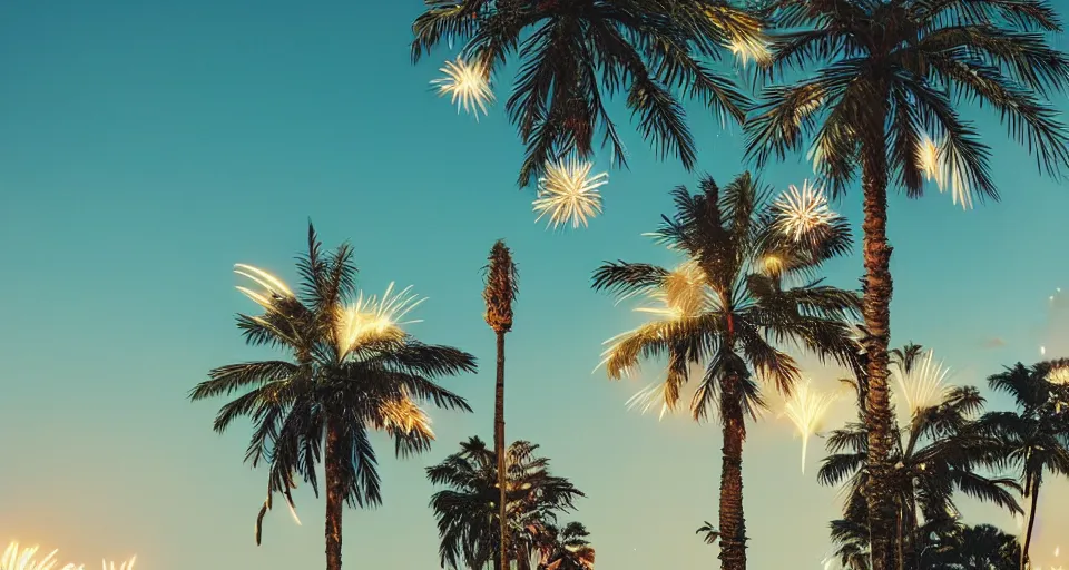 Image similar to fireworks palm trees, beeple