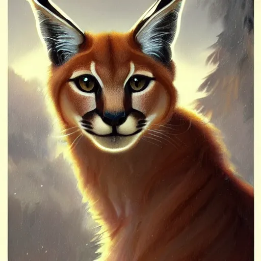 Image similar to laurel wreath on a head of cute fluffy caracal, photography of kurzgesagt, deep focus, d & d, fantasy, intricate, elegant, highly detailed, digital painting, artstation, concept art, matte, sharp focus, illustration, hearthstone, art by artgerm and greg rutkowski and alphonse mucha