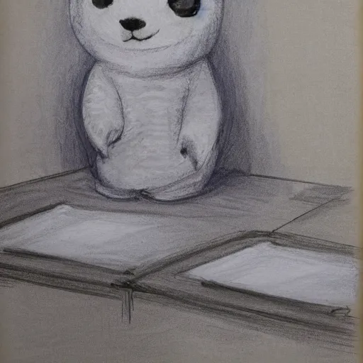 Prompt: a baby harp seal in an orange prisoner jumpsuit at the witness stand, courtroom sketch