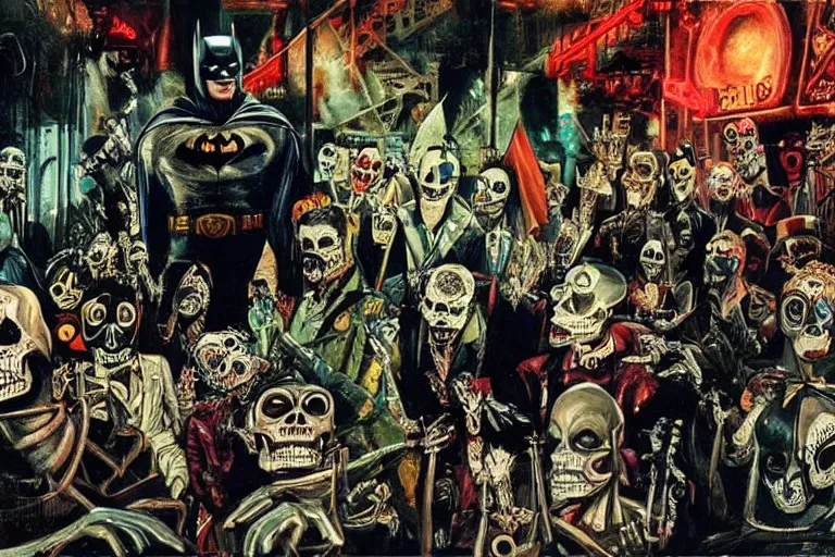 Image similar to scene from batman, day of the dead, cyber skeleton, neon painting by otto dix