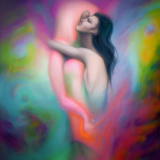 Image similar to stunning matte painting portrait of a young woman hugging an abstract human figure in the style of Meredith Marsone, spring colors