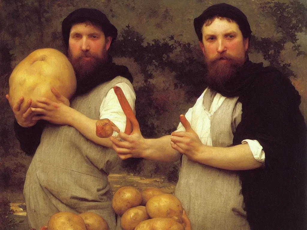 Image similar to irish man holding a big potato, bouguereau