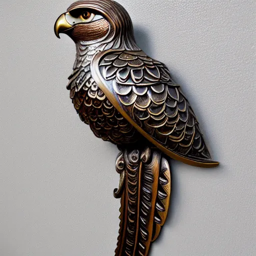 Prompt: gorgeous ornated bronze realistic detailed sacred falcon wall decoration with filigree