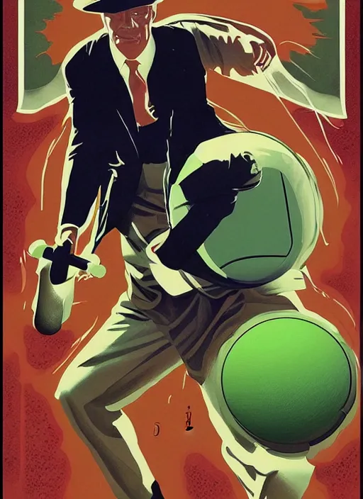 Image similar to poster artwork by Michael Whelan and Tomer Hanuka, Karol Bak Major Buster Keaton, from scene of a tennis ball monster , clean