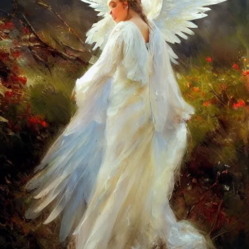 Prompt: a beautiful portrait of an angel with beautiful face and her huge white wings spread out painted by gerhartz, highly detailed, beautiful, back lit, graceful and elegant, ethereal