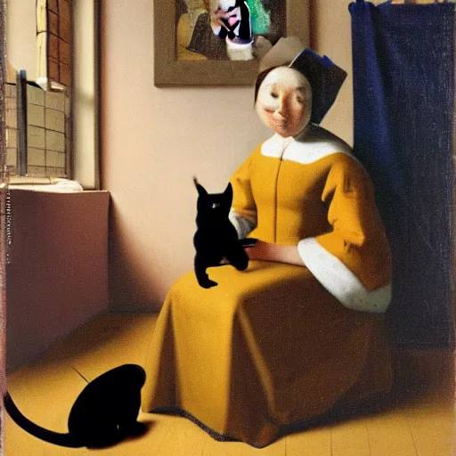 Prompt: portrait by vermeer of a black cat holding a pet human