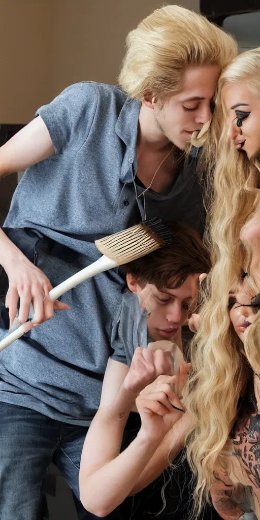 Prompt: pete davidson brushing jessica's long blond hair with a huge hairbrush, comically large hairbrush, ultra - realistic photograph