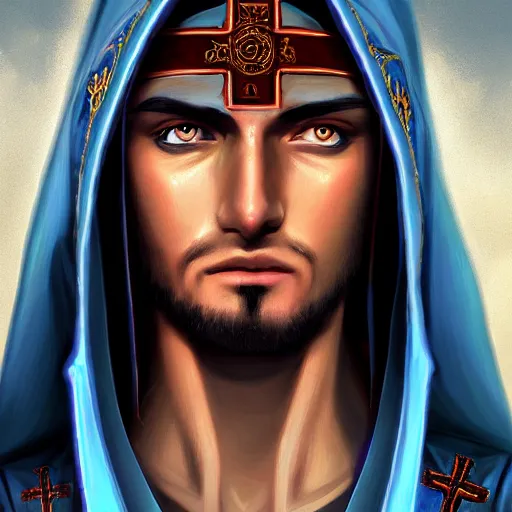 Image similar to detailed portrait of holy crusader, old roman style, non - reflective blue neon cloak, decorated with traditional holy church ornaments by rhads, makoto shinkai cyril rolando, madgwick illustrated, perfect face, fine details, realistic shaded, fine - face, pretty face