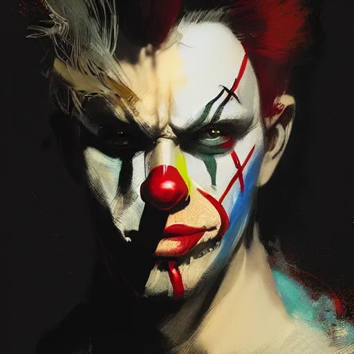 Image similar to portrait of the gay clown, dramatic lighting, illustration by greg rutkowski, yoji shinkawa, 4 k, digital art, concept art, trending on artstation