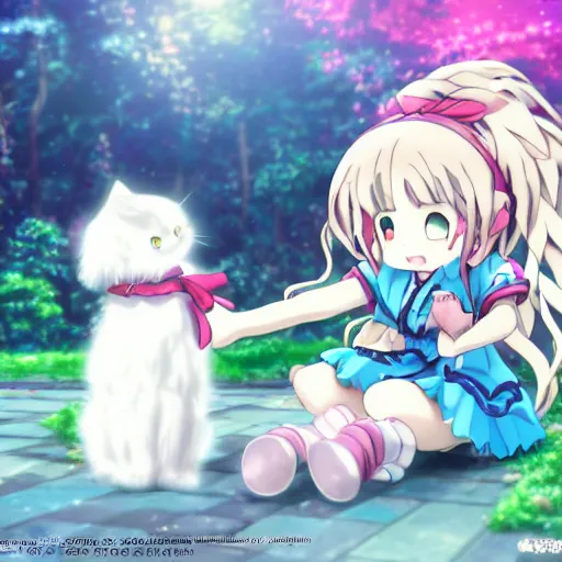 Prompt: anime key visual of a moe character girl, is petting a white ragdoll cat. from sanrio gensokyo as a moe anime girl, 4 k, hd, pixiv, wallpaper, official media | sanrio glitchcore yokai girl, shadowverse character concept, found footage horror, glitter gif