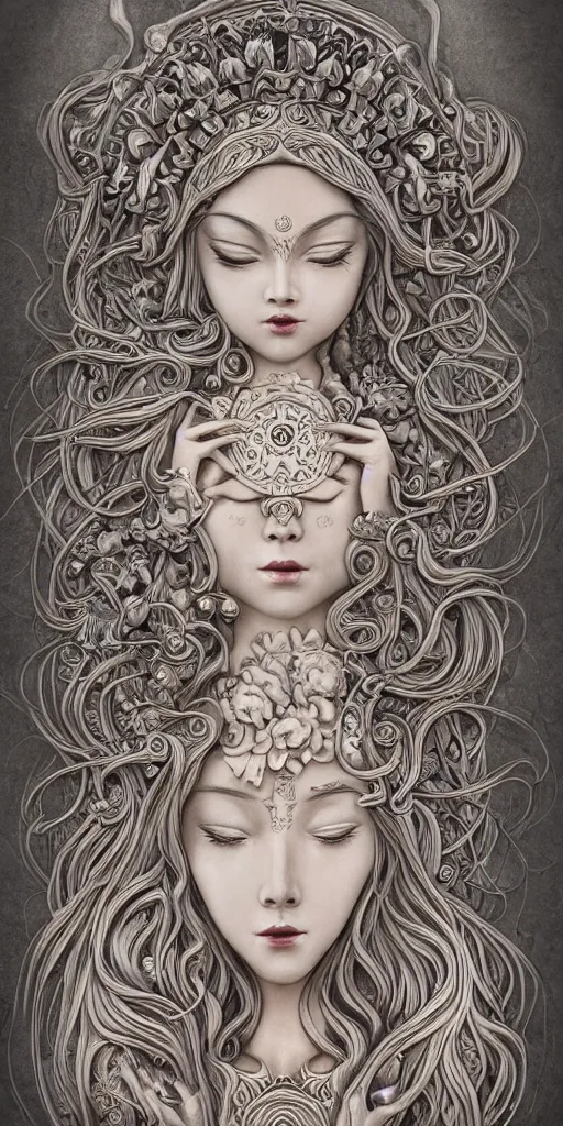 Prompt: a sculpture of mythical creatures, elegant and beautiful female face with her third eye open, carved in a stone alter, intricate, elegant, highly detailed, digital painting by audrey kawasaki, artstation, concept art, ambient occlusion, smoke, foggy vray render,