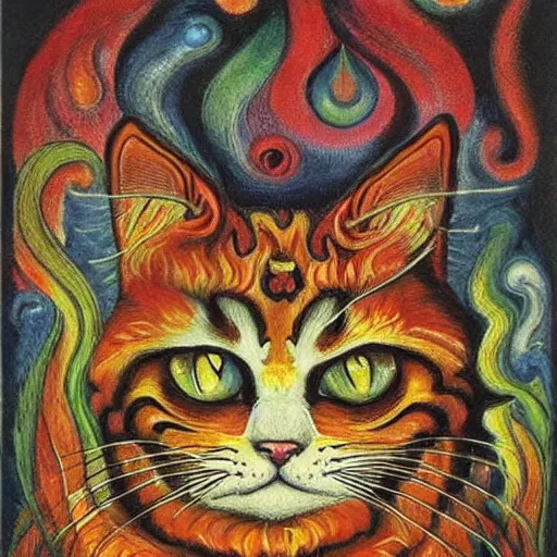 Prompt: a fire mage cat, louis wain, fantasy art