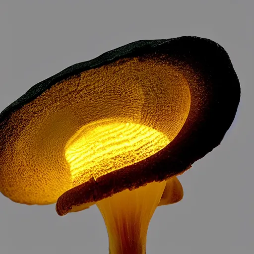 Prompt: one roud mushroom cap is hous, bottom view, luminous lamellae are clearly visible, no stipe, black background, d&d, epic composition