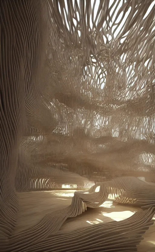 Prompt: interior of a villa parametric architecture fluid design, ultra detailed, natural lighting, volumetric lighting, wide angle shot, interlocking modular bio - bricks, 3 d printed in a mix of wood and translucent bioplastic, vincent callebaut, generative art nebula, cinematic, black metal, magnesium, unreal engine, 8 k,