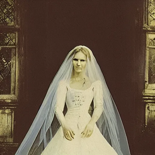 Image similar to picture of ghostly bride in front of an old wooden white church, 1 9 th century southern gothic scene, made by achenbach, andreas