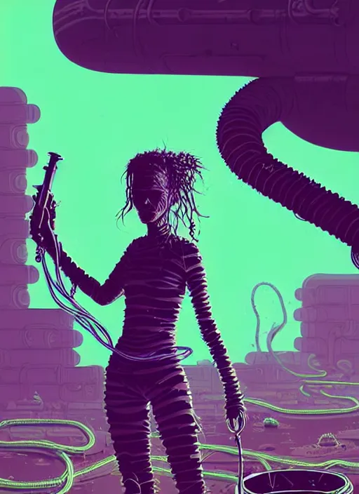 Image similar to highly detailed portrait of a lonely wasteland punk long dripping curly brown nuclear hair tribal lady, stray green slime hoses by atey ghailan, james gilleard, by joe fenton, by greg rutkowski, by greg tocchini, by kaethe butcher, 4 k resolution, gradient purple, brown black and white color scheme!!! ( ( green flaming robotic sewer background ) )