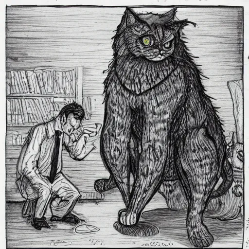 Prompt: Giant monster looking at a cat, Lovecraft sketch