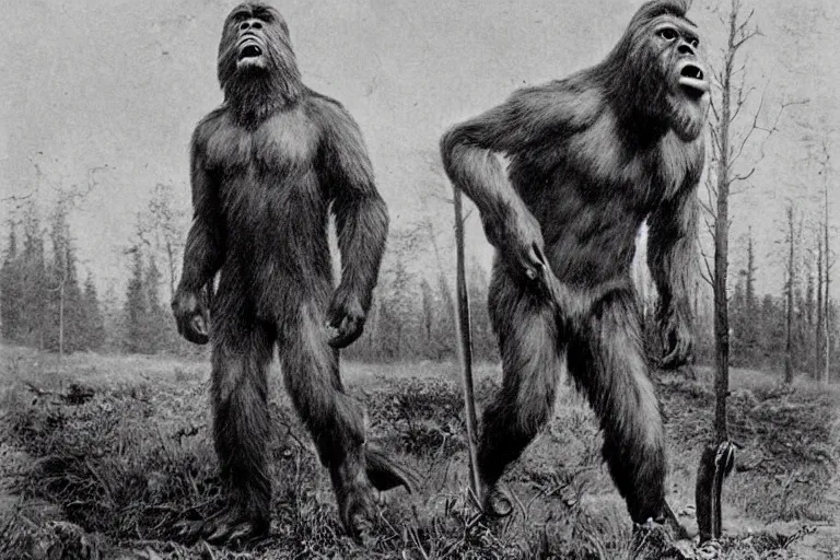 Prompt: a big game hunter posting with a bigfoot he killed, 1898, photograph, realistic