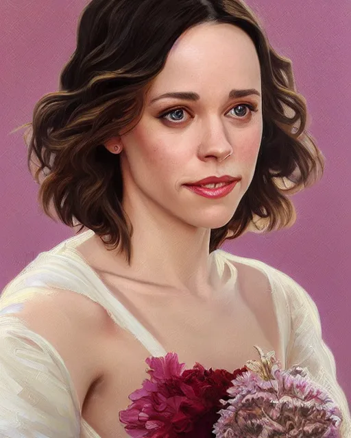 Prompt: a portrait painting of rachel mcadams / tatiana maslany / jaclyn smith / alison brie / sabrina lloyd hybrid oil painting, gentle expression, smiling, elegant clothing, scenic background, behance hd by artgerm, helen huang, by alphonse mucha, greg rutkowski, tim hildebrandt, boris vallejo