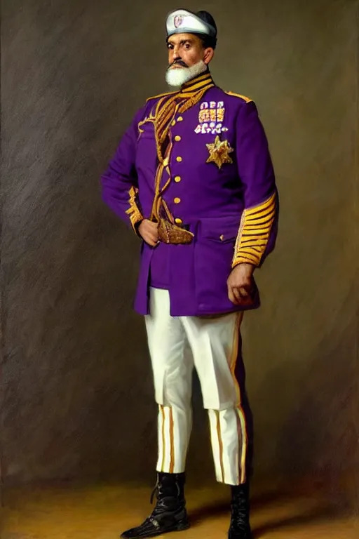 Image similar to full body portrait of the dictator of the sacramento kings, 1 8 8 9, in full military garb, purple, silver, oil on canvas by william sidney mount, trending on artstation