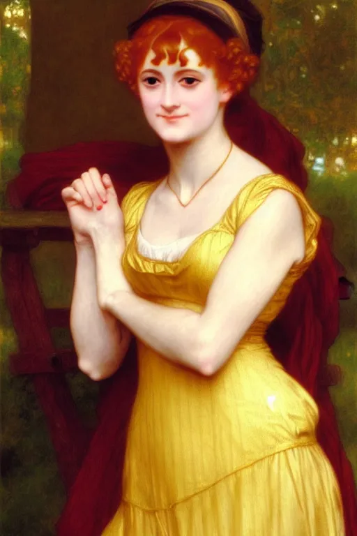 Prompt: jane austen gold red hair painting by rossetti bouguereau, detailed art, artstation