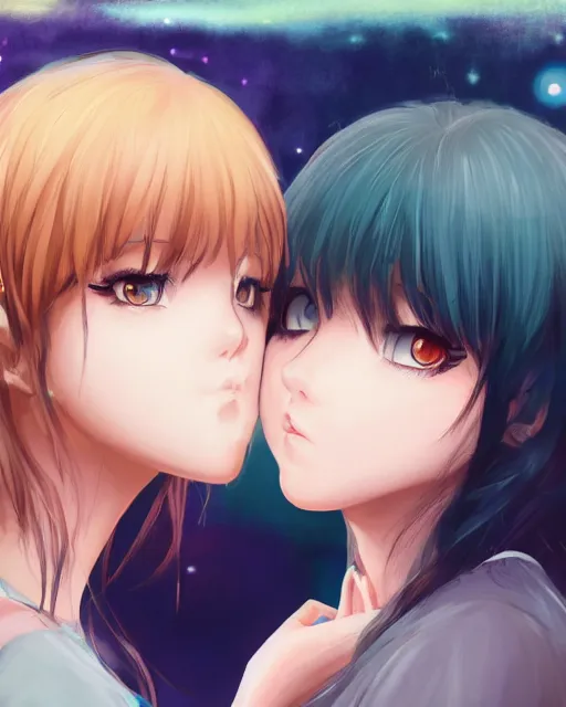Image similar to portrait of two girls kissing, anime, trending on Artstation