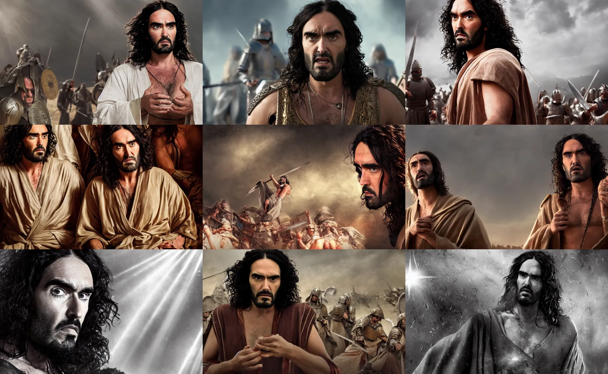 Prompt: cinematic close up artwork of russell brand in a robe meditating while medieval warriors fight in a battle behind him by greg rutowski, 4 k, sun rays, masterpiece