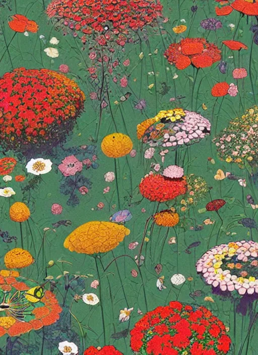 Image similar to multiverse of flowers, garden flowers pattern!!!, berries!!, dragonflies, garden monolith by satoshi kon and greg rutkowski, 7 0's vintage sci - fi design