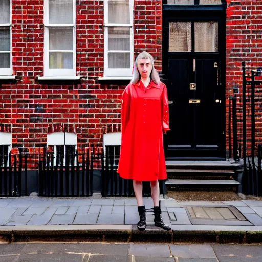 Prompt: un ultra high definition editorial photographic portrait of a female designer standing outside her trendy red brick london home wearing all eclectic clothes. wide angle. three point light. golden hour, golden ratio, ray tracing, volumetric light and shadow, shallow depth of field.