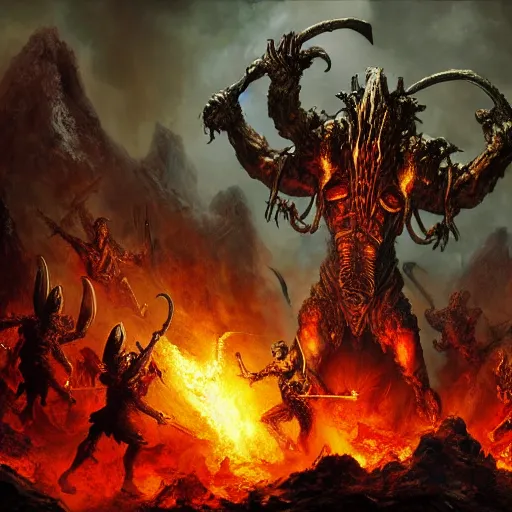 Prompt: an army of demons flying out of a volcano with flag bearers and trumpeters, intricate detail, royo, vallejo, frazetta, giger, whealan, hd, unreal engine,