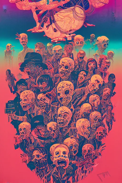 Image similar to risograph of zombies in a field, tristan eaton, victo ngai, artgerm, rhads, ross draws, intricated details