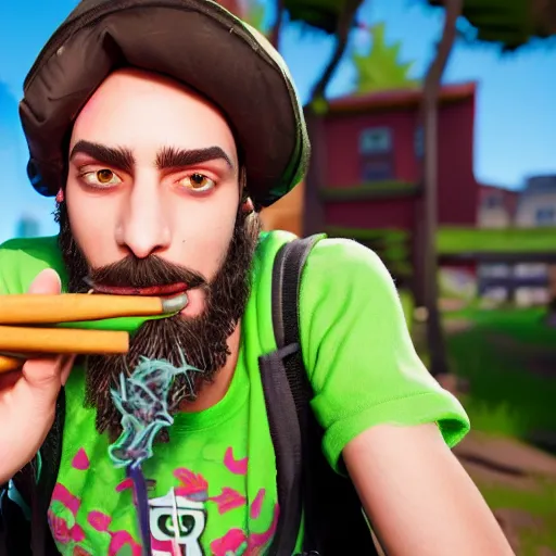 Prompt: close up photograph of very high on weed fortnite guy, stoner eyes, fortnite guy smoked weed, weed background, smoking a blunt, 8 k resolution