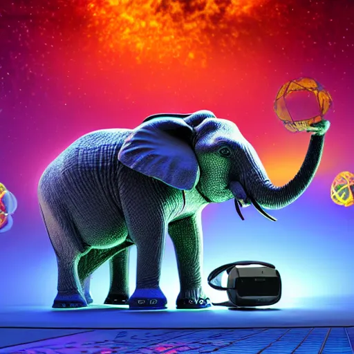 Image similar to a hyperrealistic 3D octane render of an elephant wearing virtual reality goggles playing a synthesizer inside of a geodesic dome planetarium with planets and galaxies, trending on artstation, 8k, 4K, dramatic lighting, glowing, volumetric lighting, ray tracing, unreal engine