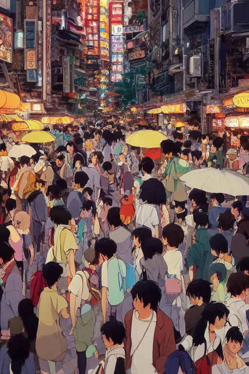 Image similar to Still from Studio Ghibli movie 'Lost in Crowded Tokyo', very detailed, focused, oil painting, colorful, canvas, artstation, Antoine Pierre Mongin