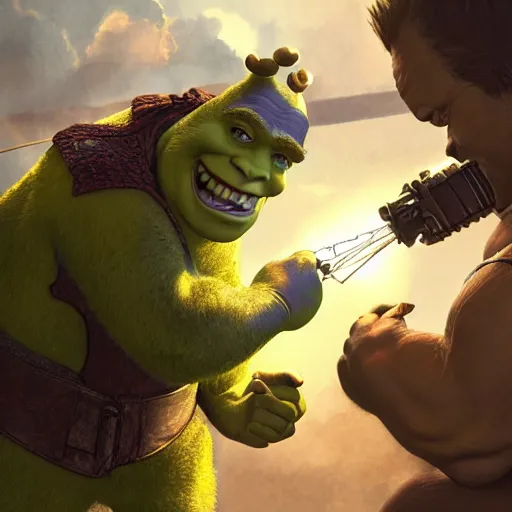 Image similar to shrek fighting against muscular senator armstrong on a helipad, metal gear, radiating a glowing aura global illumination ray tracing hdr fanart arstation, intricate, highly detailed, digital painting, artstation, concept art, character art, smooth, sharp focus, illustration, art by artgerm and greg rutkowski and alphonse mucha