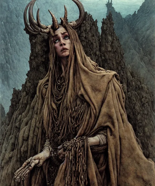 Prompt: A detailed horned boarwoman stands among the mountains. Wearing a ripped mantle, robe. Perfect faces, extremely high details, realistic, fantasy art, solo, masterpiece, art by Zdzisław Beksiński, Arthur Rackham, Dariusz Zawadzki