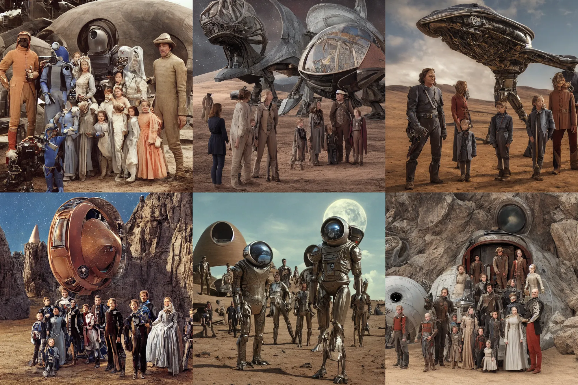 Prompt: highly detailed, 137438953472k film still from a sci fi blockbuster color movie made in 2019, set in 1860, of a family standing in front of a spaceship that has just landed on an alien planet, a humanoid alien creature stands nearby, the family are all wearing 1860s era clothes, good lighting, good photography, ultra high definition