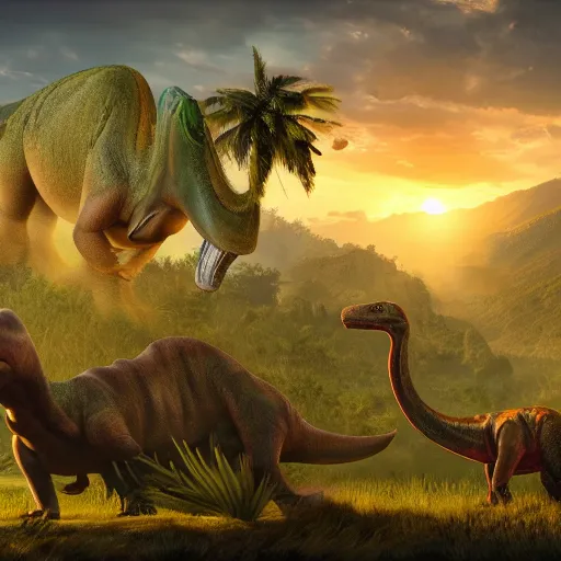 Prompt: looking into lush valley with dinosaurs in sunset, sharp focus, realistic, high detail, cgsociety