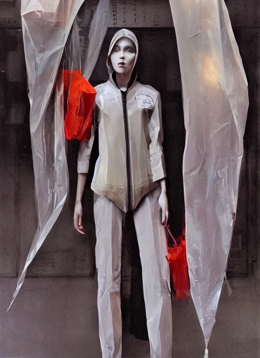 Prompt: beautiful cyberpunk woman in a translucent bomber jacket made from plastic bag with paper bags for clothes standing inside paper bags with paper bag over the head at store display Edward Hopper and James Gilleard, Zdzislaw Beksinski, highly detailed