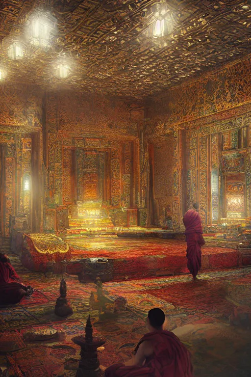 Image similar to inside a Tibetan monastery, powerfull, intricate, elegant, volumetric lighting, digital painting, highly detailed, artstation, sharp focus, illustration, concept art, ruan jia, steve mccurry