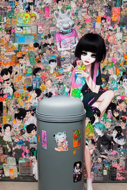 Prompt: full view, from a distance, of anthropomorphic taiwanese trashcan full of trash, style of yoshii chie and hikari shimoda and martine johanna, highly detailed